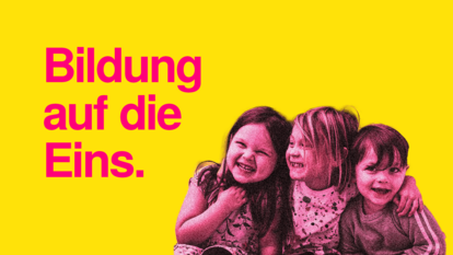 Kinder freuen sich, Text mit Bildung auf die Eins